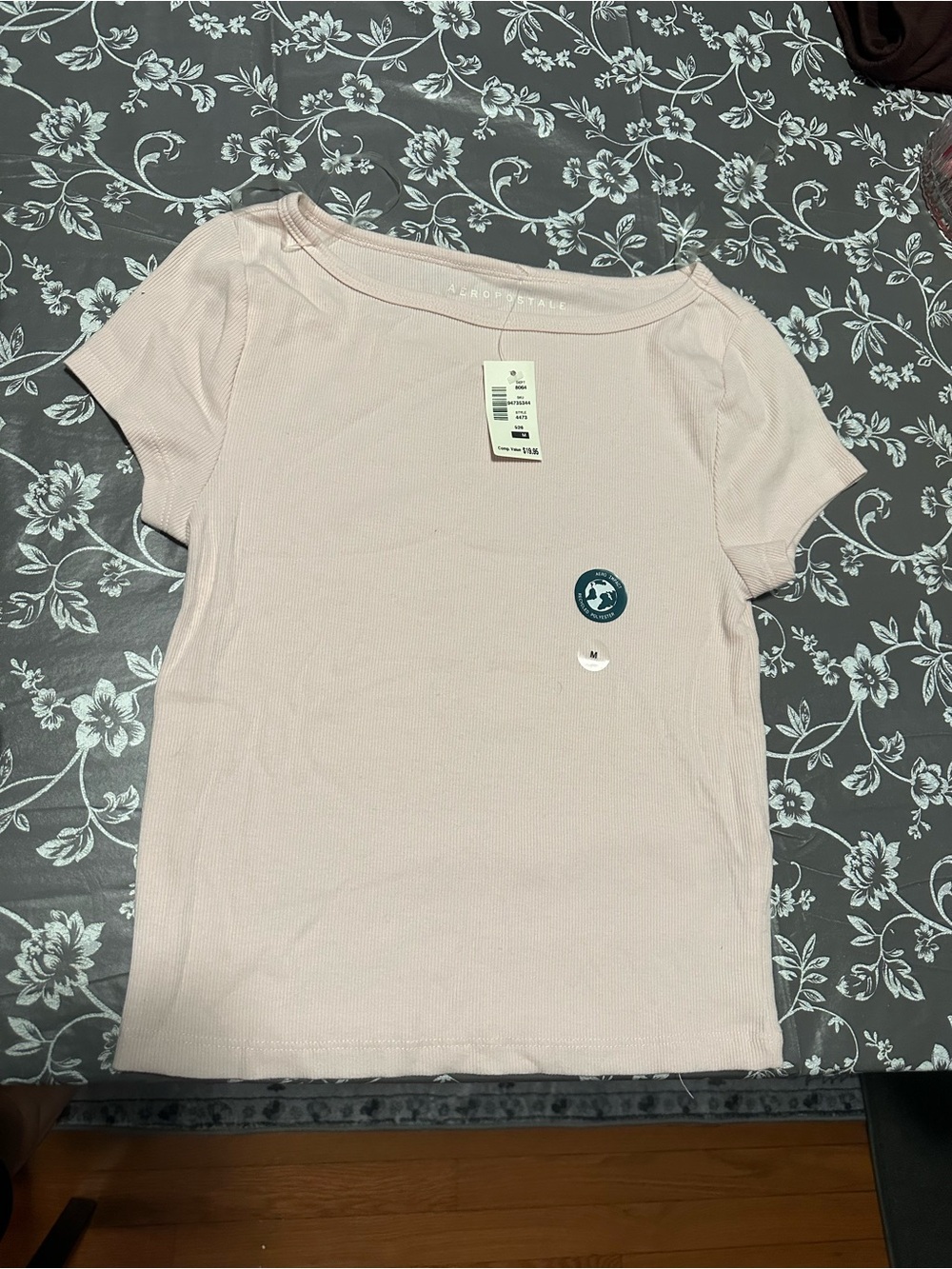 Aeropostale Women's Pale Pink Ribbed Short Sleeve Tee